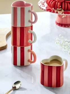 Discount Next Set of 4 Pink Stripe Heart Shaped Stacking Mugs