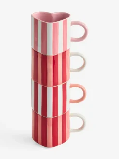 Discount Next Set of 4 Pink Stripe Heart Shaped Stacking Mugs