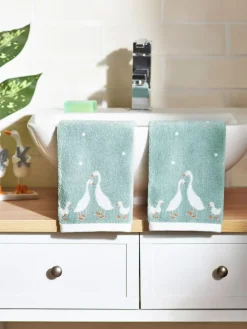 Next Set of 2 Teal Blue 100% Cotton Geese Face Cloths^ Towels & Bathmats