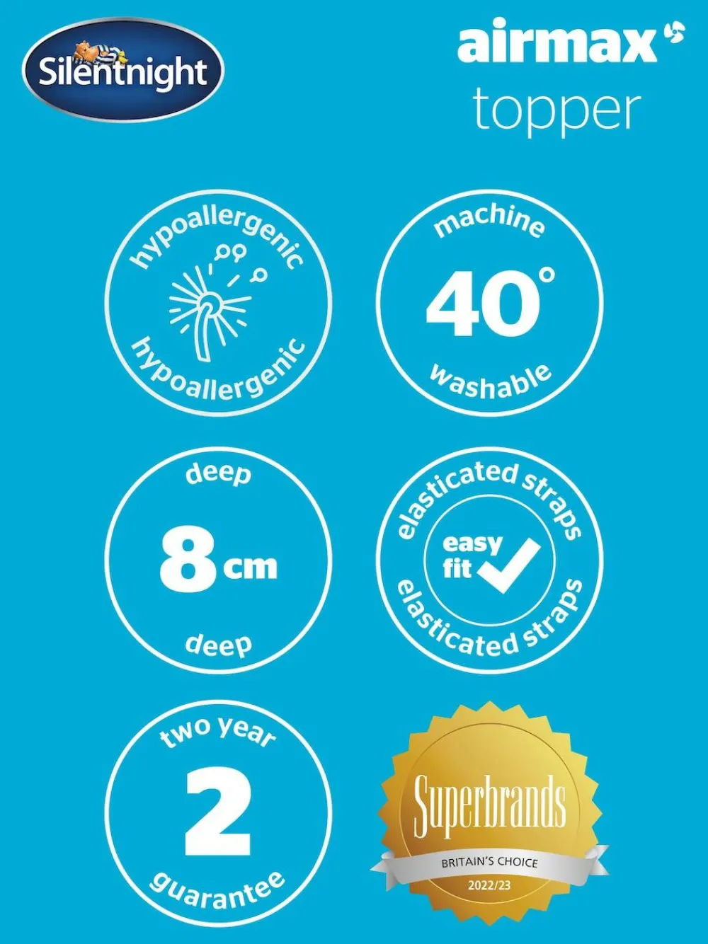 Silentnight White Airmax 800 8cm Mattress Topper^ Duvets & Pillows