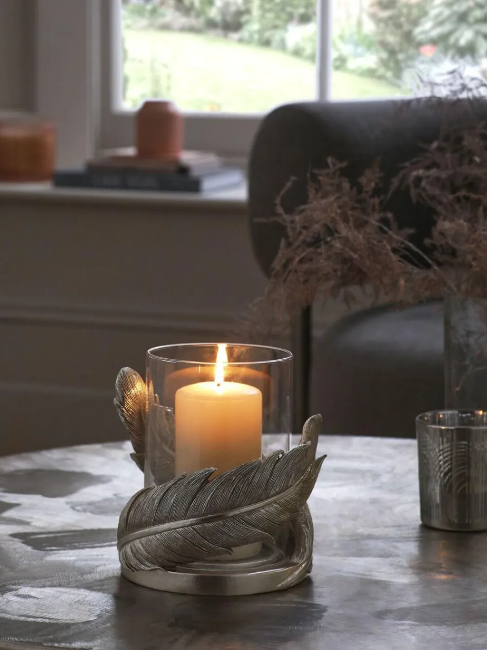 Next Silver Feather Resin And Glass Hurricane^ Candle Holders & Lanterns