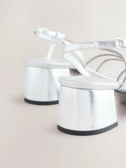 New Next Forever Comfort Square Toe Jewelled Strappy Block Heeled Sandals Silver