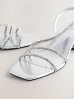 New Next Forever Comfort Square Toe Jewelled Strappy Block Heeled Sandals Silver