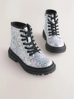 Next Silver Glitter Wide Fit (G) Warm Lined Lace-Up Ankle Boots^ Boots|Boots & Wellies