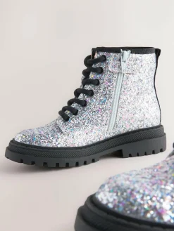 Next Silver Glitter Wide Fit (G) Warm Lined Lace-Up Ankle Boots^ Boots|Boots & Wellies