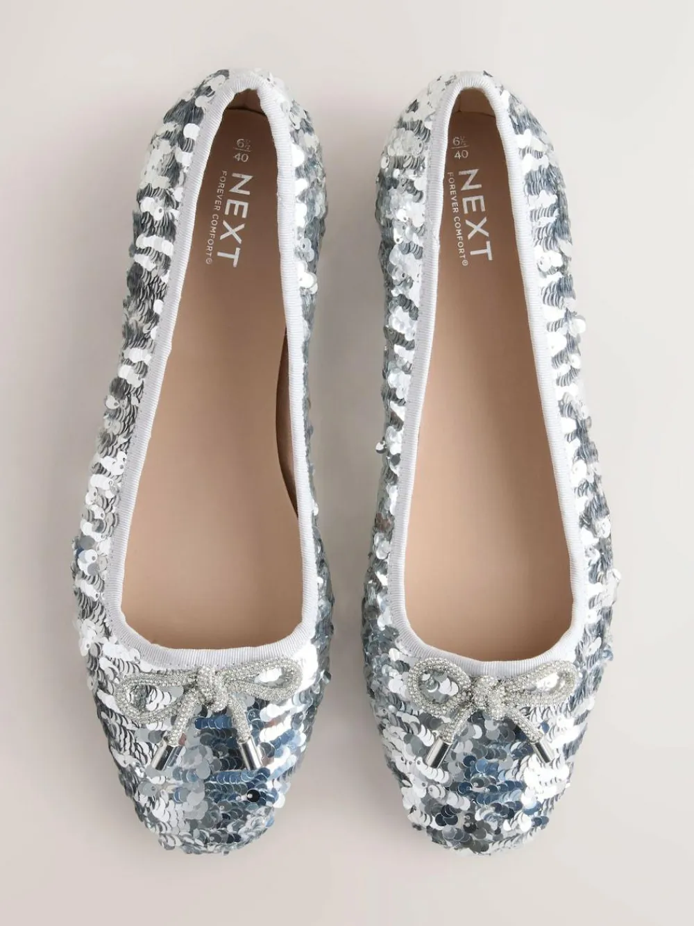 Next Silver Sequin Standard/Wide Fit Round Toe Ballerina Shoes^Women Wide Fit & Extra Wide Fit|Flats