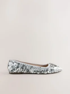 Next Silver Sequin Standard/Wide Fit Round Toe Ballerina Shoes^Women Wide Fit & Extra Wide Fit|Flats