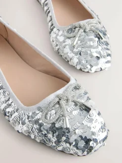 Next Silver Sequin Standard/Wide Fit Round Toe Ballerina Shoes^Women Wide Fit & Extra Wide Fit|Flats