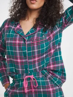 Simply Be Green Pretty Secrets Lurex Check Button Through Pyjamas Set^Women Pyjamas
