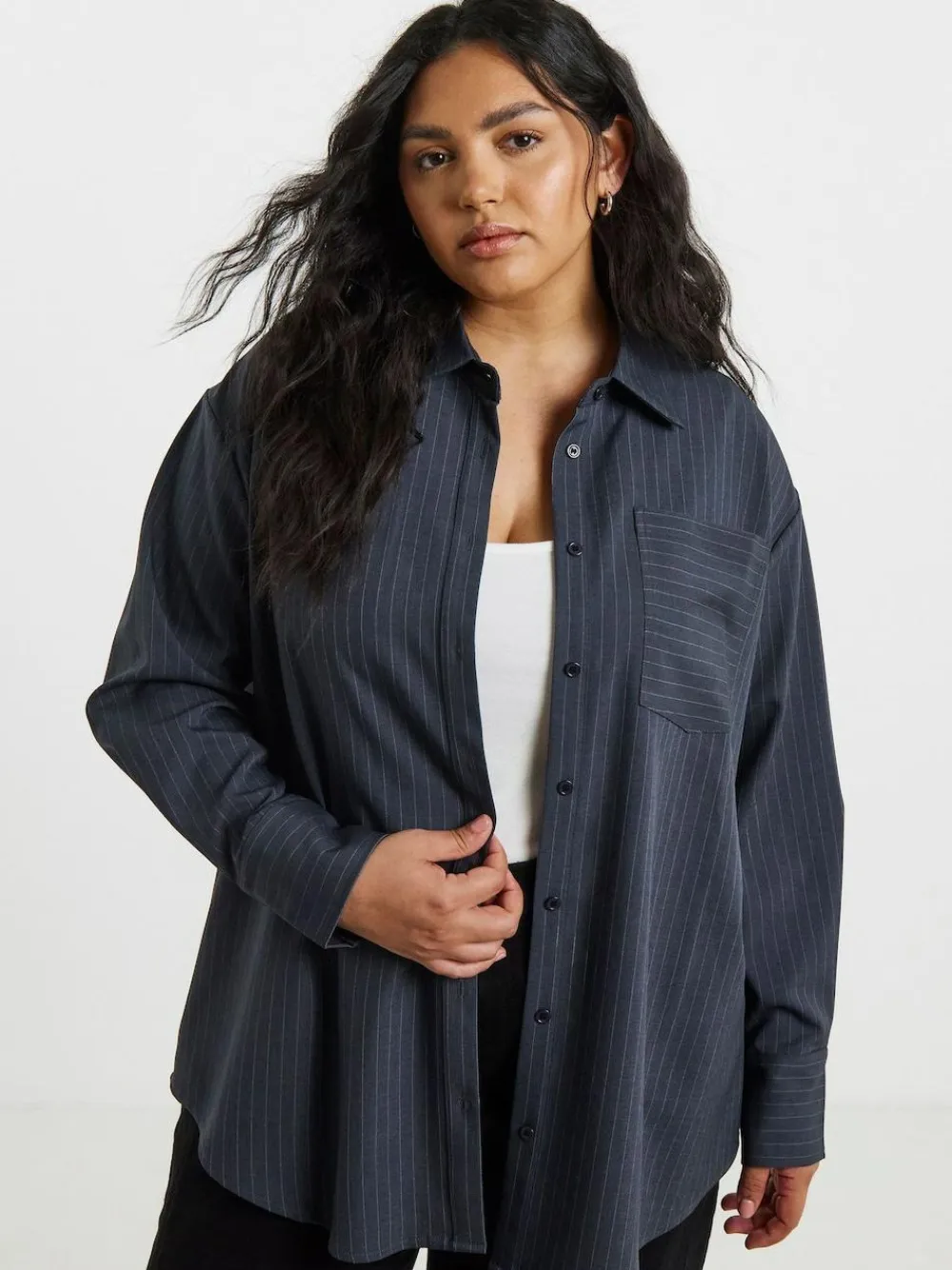 Discount Simply Be Grey Oversized Pinstripe Shirt
