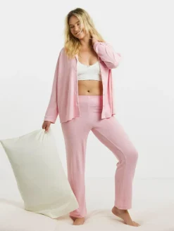 Simply Be Pink Pretty Secrets Brushed Ribbed Button Through Pyjama Set^Women Pyjamas