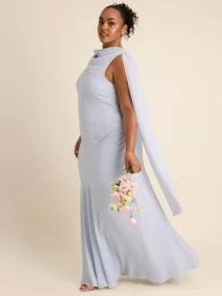 Six Stories Blue High Cowl Neck Drape Crepe Bridesmaid Dress^Women Maxi Dresses