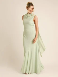 Six Stories Green High Cowl Neck Drape Crepe Bridesmaid Dress^Women Maxi Dresses|Occasion Dresses