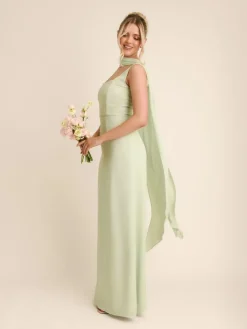 New Six Stories Green Square Neck Crepe Bridesmaid Dress with Neck Scarf