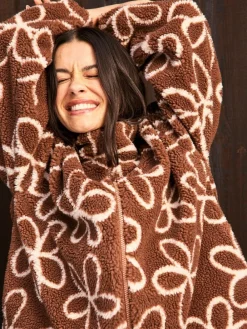 Skinnydip Brown Doodle Flower Borg Jacket in Brown^Women Hoodies & Sweatshirts