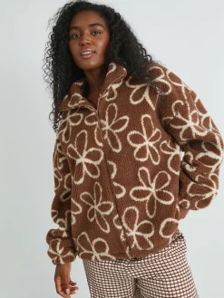 Skinnydip Brown Doodle Flower Borg Jacket in Brown^Women Hoodies & Sweatshirts