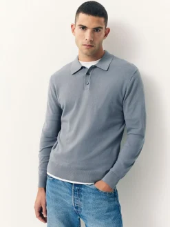 Online Next Slim Fit Cotton Rich Long Sleeve Knitted Polo Shirt Slate Blue