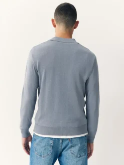 Online Next Slim Fit Cotton Rich Long Sleeve Knitted Polo Shirt Slate Blue