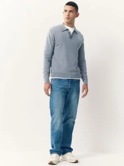 Online Next Slim Fit Cotton Rich Long Sleeve Knitted Polo Shirt Slate Blue