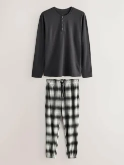Next Slate Grey Check Motionflex Textured Cosy Long Sleeve Pyjamas Set^ Pyjamas|Nightwear
