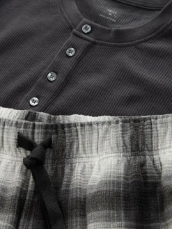 Next Slate Grey Check Motionflex Textured Cosy Long Sleeve Pyjamas Set^ Pyjamas|Nightwear