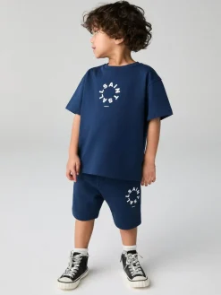 Clearance smALLSAINTS Navy Younger Boys Tierra 100% Cotton T-Shirt and Sweat Shorts Set