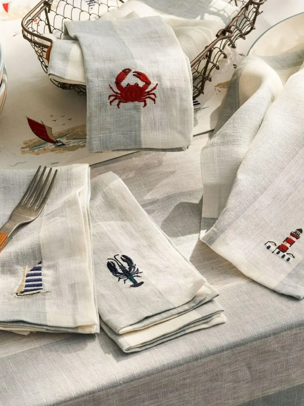 Sophie Allport Set of 4 Pale Blue Linen Coastal Embroidered Napkins