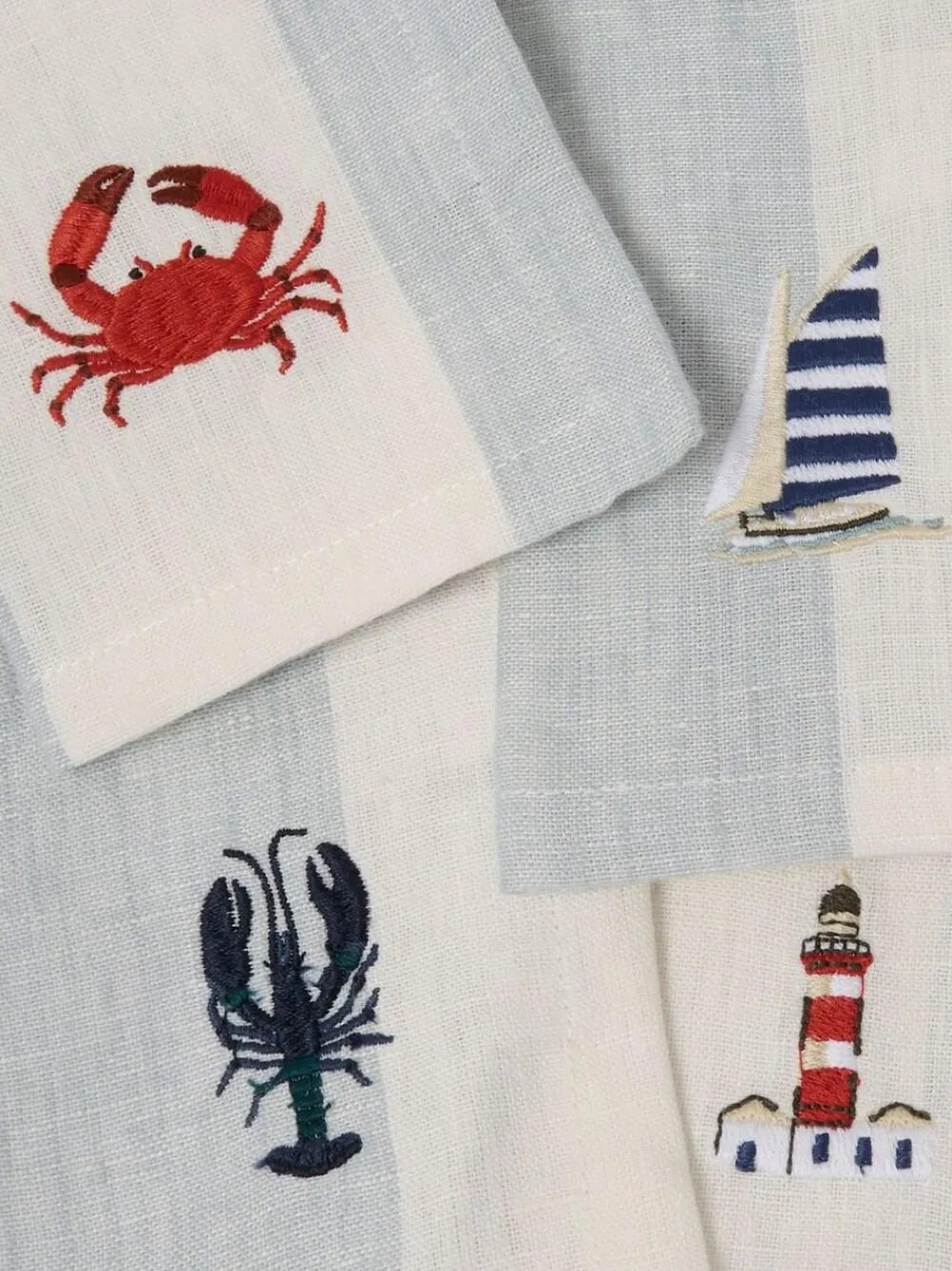 Sophie Allport Set of 4 Pale Blue Linen Coastal Embroidered Napkins