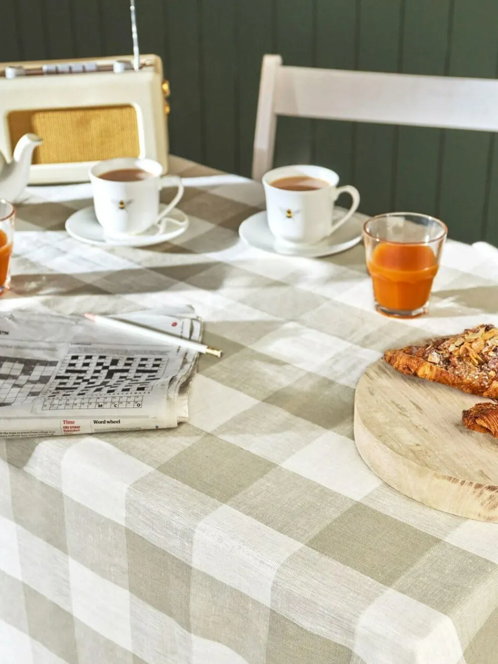 New Sophie Allport Stone Gingham Linen Tablecloth