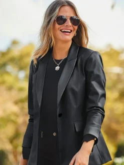 Sosandar Black Premium Faux Leather Blazer^Women Blazers|Suits & Tailoring