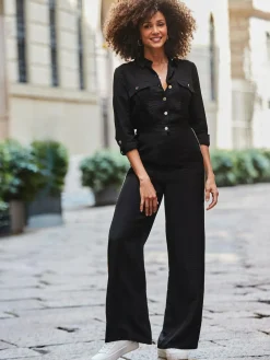 New Sosandar Black Side Stripe Button Front Jumpsuit
