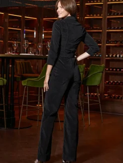 Sale Sosandar Black Velvet Jumpsuit With Luxe Gold Detail