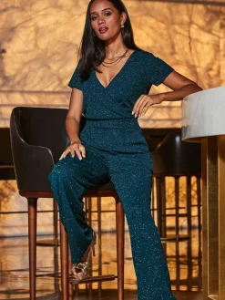 Best Sosandar Green Sparkle Wrap Front Jumpsuit