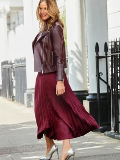 Outlet Sosandar Pleated Satin Midi Skirt Purple
