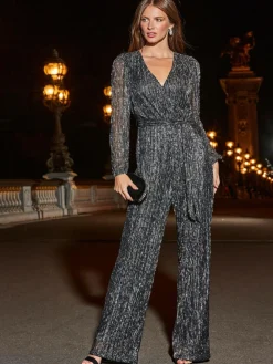 Sosandar Silver Sparkle Plisse Wrap Front Wide Leg Jumpsuit^Women Jumpsuits & Playsuits