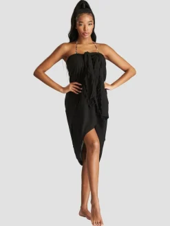 Best South Beach Black Crinkle Viscose Fringed Sarong Cover-Up