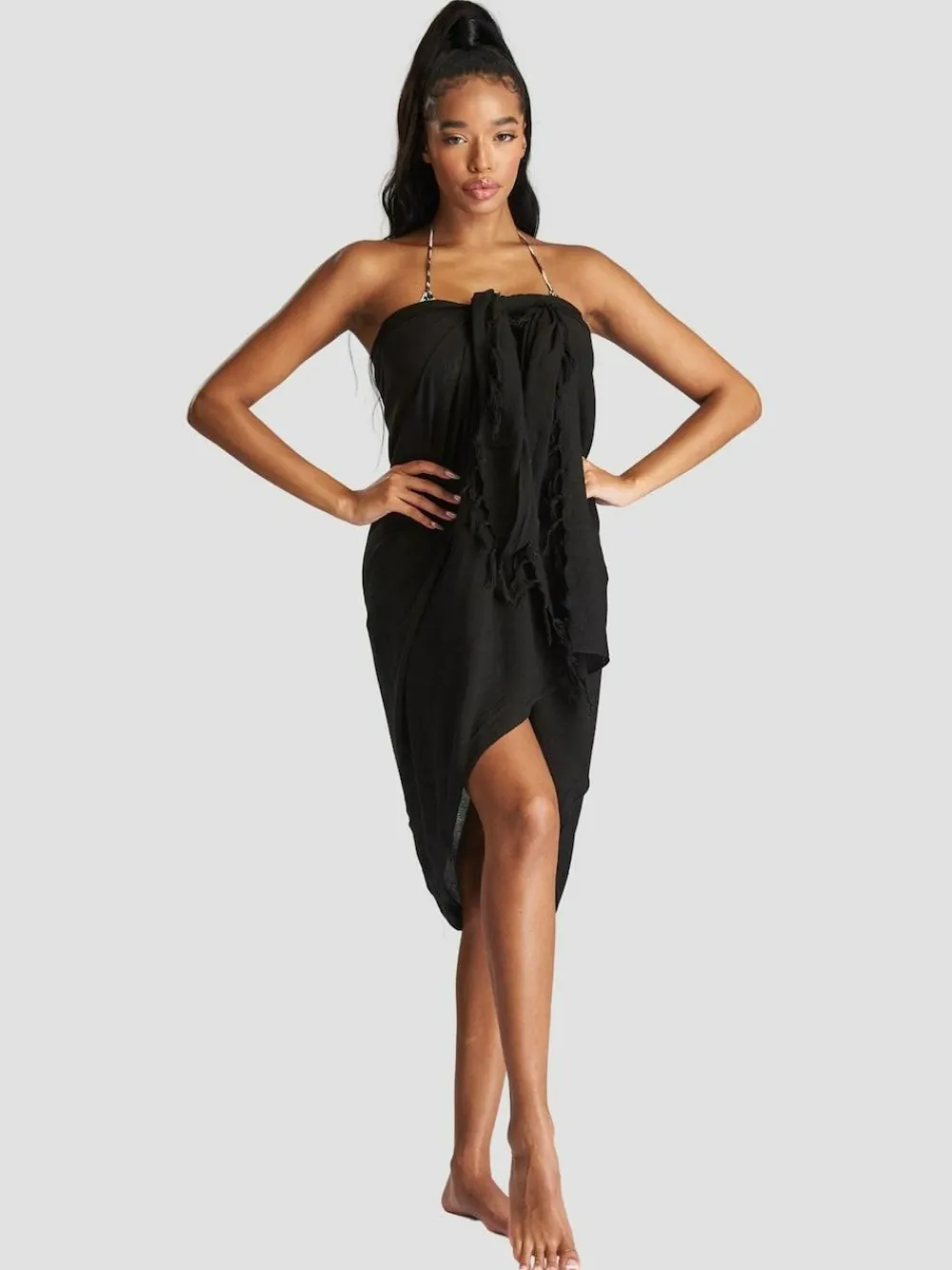 Best South Beach Black Crinkle Viscose Fringed Sarong Cover-Up