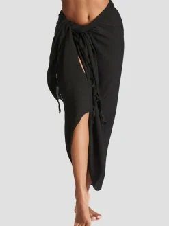 Best South Beach Black Crinkle Viscose Fringed Sarong Cover-Up