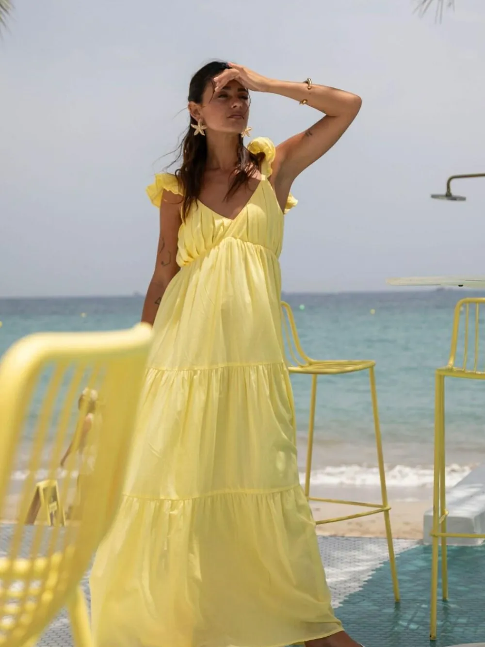 Best South Beach 100% Cotton Frill Sleeve Tiered Maxi Dress Yellow