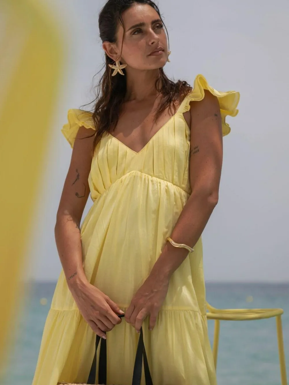 Best South Beach 100% Cotton Frill Sleeve Tiered Maxi Dress Yellow