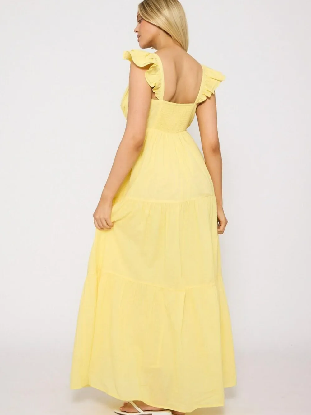 Best South Beach 100% Cotton Frill Sleeve Tiered Maxi Dress Yellow