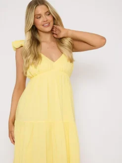 Best South Beach 100% Cotton Frill Sleeve Tiered Maxi Dress Yellow