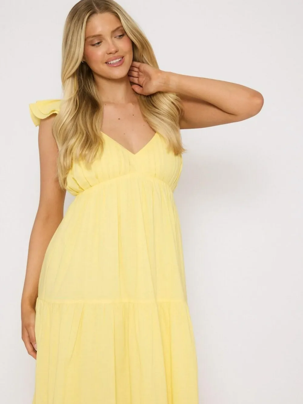 Best South Beach 100% Cotton Frill Sleeve Tiered Maxi Dress Yellow