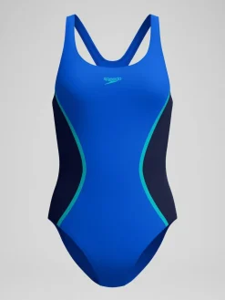 Speedo Blue Solid Splice Medalist One Piece Swimsuit^Women Sportswear