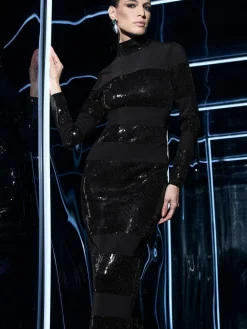 Online Star by Julien MacDonald Black Sequin Stripe Maxi Dress