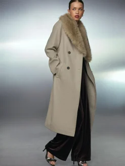 Next Stone Belted Coat with Faux Fur Detachable Collar