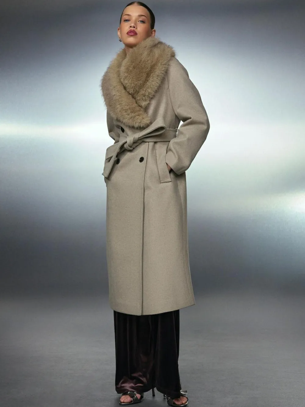 Next Stone Belted Coat with Faux Fur Detachable Collar