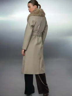 Next Stone Belted Coat with Faux Fur Detachable Collar