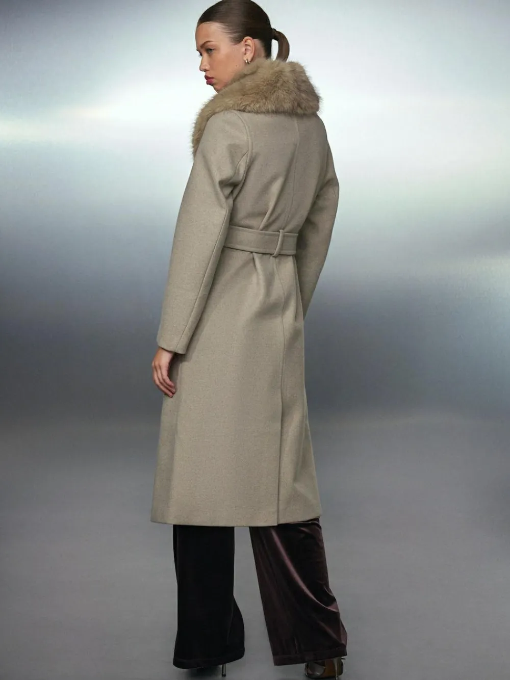 Next Stone Belted Coat with Faux Fur Detachable Collar
