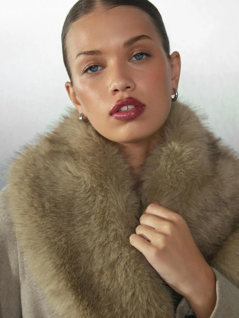Next Stone Belted Coat with Faux Fur Detachable Collar